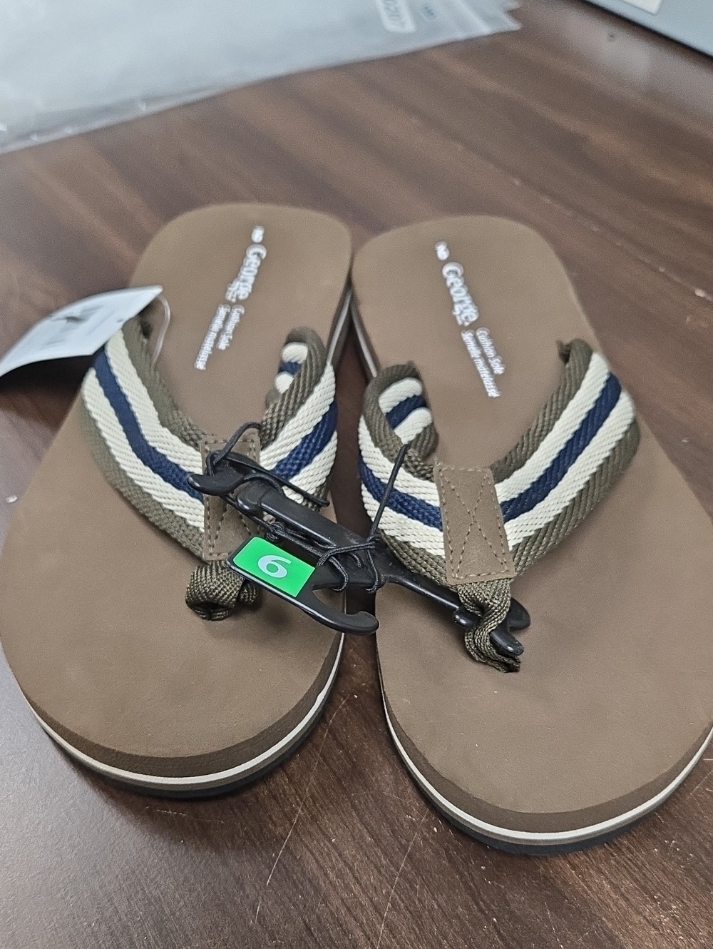 George Size 9 Brown Navy and Beige Striped Thong Style Flip Flop